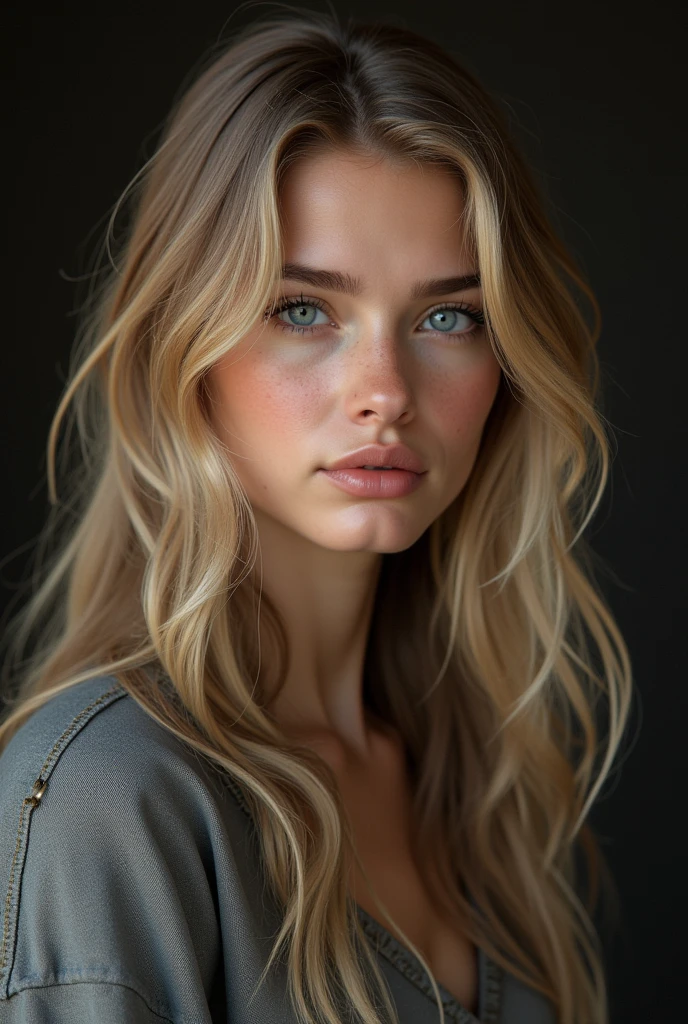 A beautiful swedish girl, blue eyes, 20 years old, almond shaped eyes, oval face shape, wavy hair, 170cm, 65kg, highly detailed face, detailed skin texture, ,natural lighting, dramatic shadows, warm color palette, portrait, realistic, photorealistic, 8k, masterpiece, fullbody with cloths