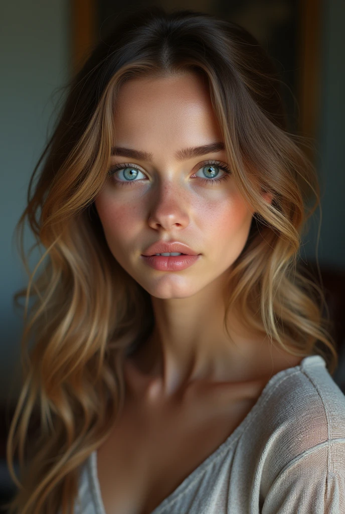 A beautiful swedish girl, blue eyes, 20 years old, almond shaped eyes, oval face shape, wavy hair, 170cm, 65kg, highly detailed face, detailed skin texture, ,natural lighting, dramatic shadows, warm color palette, portrait, realistic, photorealistic, 8k, masterpiece, fullbody with cloths