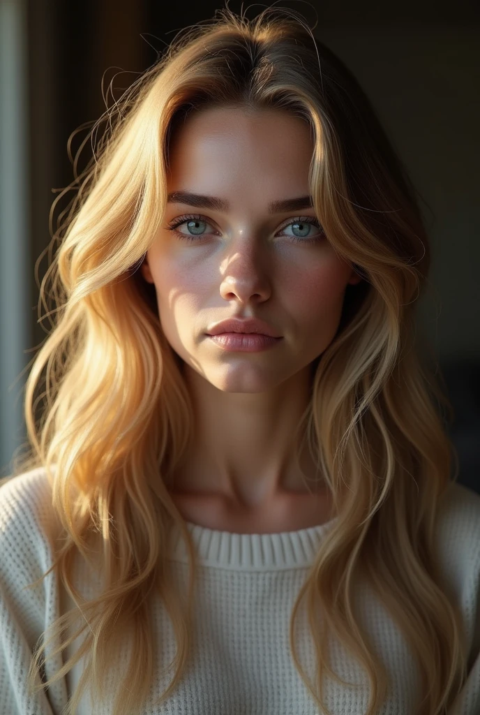 A beautiful swedish girl, blue eyes, 20 years old, almond shaped eyes, oval face shape, wavy hair, 170cm, 65kg, highly detailed face, detailed skin texture, ,natural lighting, dramatic shadows, warm color palette, portrait, realistic, photorealistic, 8k, masterpiece, fullbody with cloths 