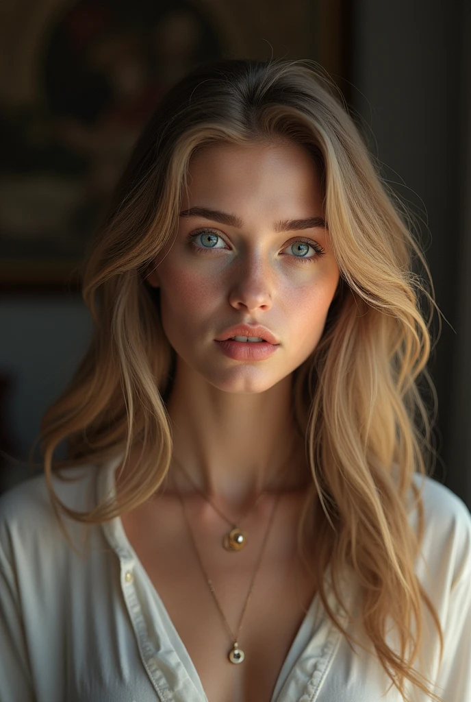 A beautiful swedish girl, blue eyes, 20 years old, almond shaped eyes, oval face shape, wavy hair, 170cm, 65kg, highly detailed face, detailed skin texture, ,natural lighting, dramatic shadows, warm color palette, portrait, realistic, photorealistic, 8k, masterpiece, fullbody with cloths