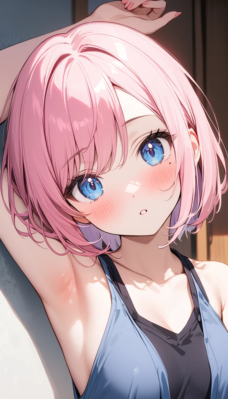 (1 girl),(Best Picture Quality, 8K, Masterpiece:1.3), (high school student:1.5), ((pink lob hair:1.1)), (bob cut),(swept bangs), (cute eyes, pupil black, iris skyblue, youthful face), (mole under right eye), (standard weight), (small breasts), (glistening skin:1.1),(pale skin:1.2),(hand on own nape),((yukata)),(portrait),((sweat:1.3)),(from above:1.2),(Nipple Slip),(night),