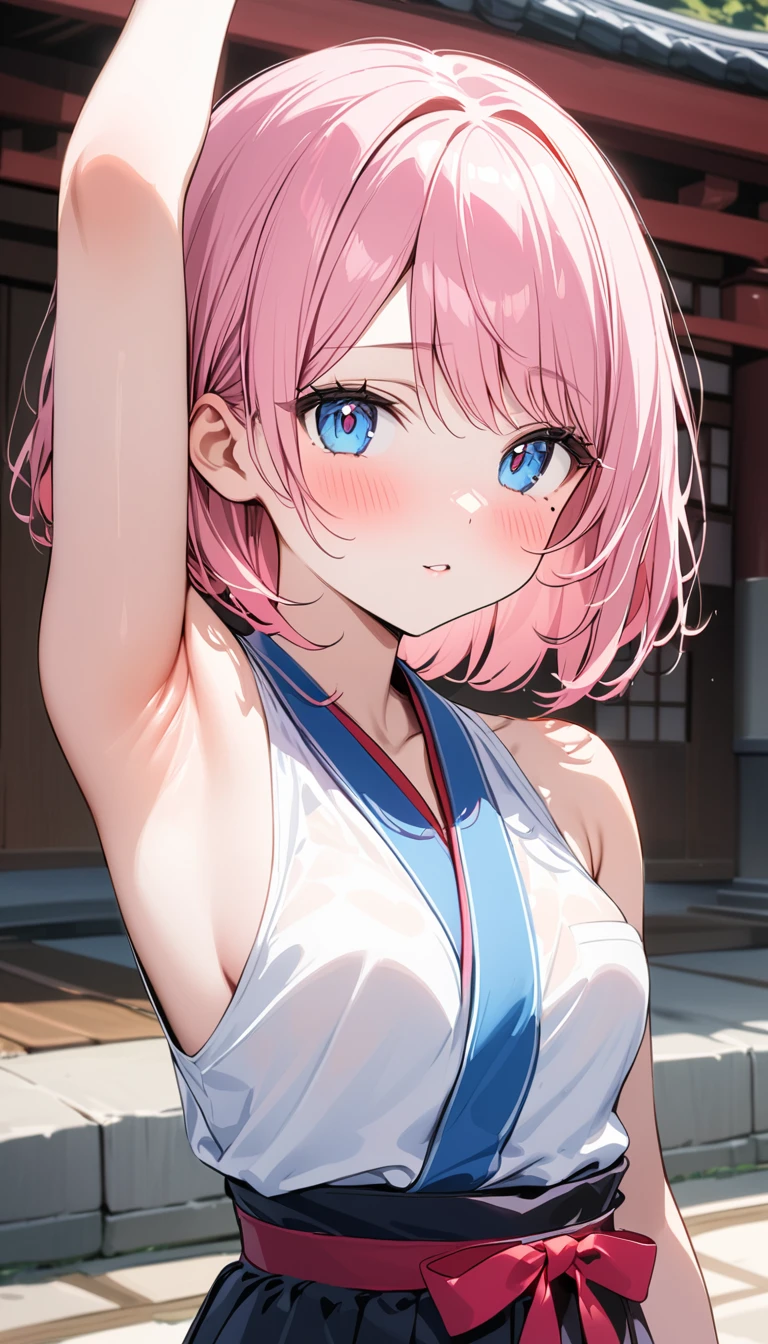 (1 girl),(Best Picture Quality, 8K, Masterpiece:1.3), (high school student:1.5), ((pink lob hair:1.1)), (bob cut),(swept bangs), (cute eyes, pupil black, iris skyblue, youthful face), (mole under right eye), (standard weight), (small breasts), (glistening skin:1.1),(pale skin:1.2),japanese shrine, japanese miko, (Sleeveless),BREAK,(portrait),(blush:1.2),((pitstain)),(arm up),(showing armpits).