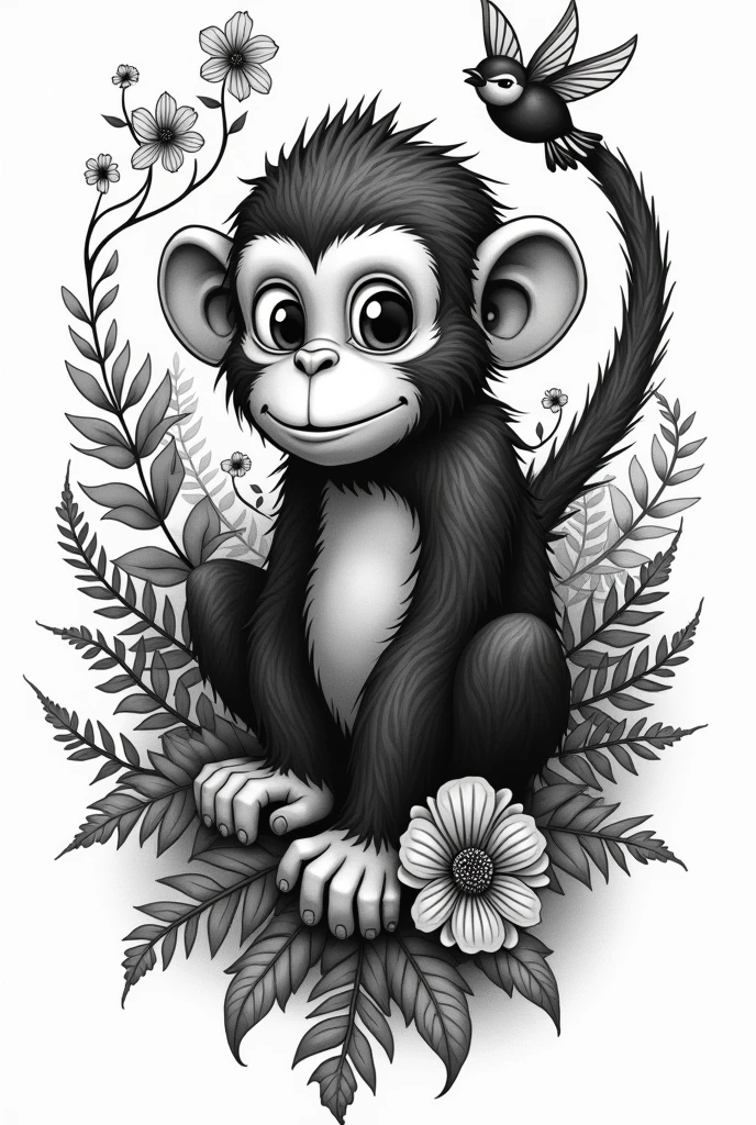 Design a hyper realistic black and white cartoon tattoo sketch depicting a young monkey. I want a wide design, with the monkey playing in vines and surrounded by nature: ferns, little birds, flores