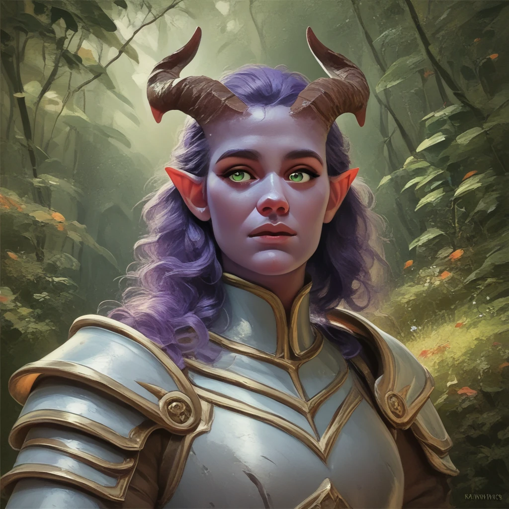 A fat purple-skinned tiefling female，Brown horns，Purple hair，Green eyes，3/4. Body，The background is a forest，Warrior Outfit，Red and white armor