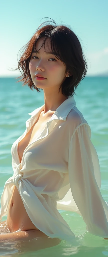 8k,RAW photo, ultra high res, realistic photo, Under bright sunlight, featuring a skinny young Japanese singer not wearing makeup and very small breast, with pixie brown hair, sun tanned skin, leaning backward in the blue sea, wearing a low-cut white airy relaxing wet long shirt, she is soaking up to her waist, looking at camera, the collar of shirt slipped down from one side, leaving her chest loose. her nipples slightly visible through the shirt, seducing smile, nsfw