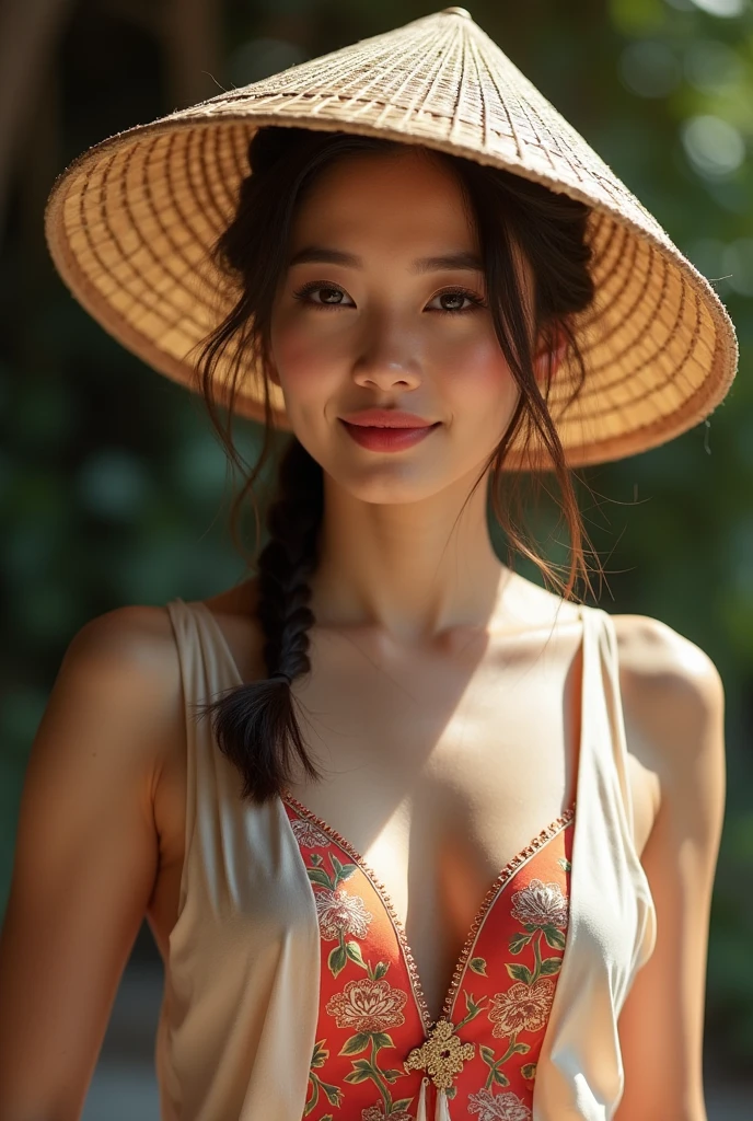 sexy Vietnamese woman in traditional cloth ao tai and straw hat

