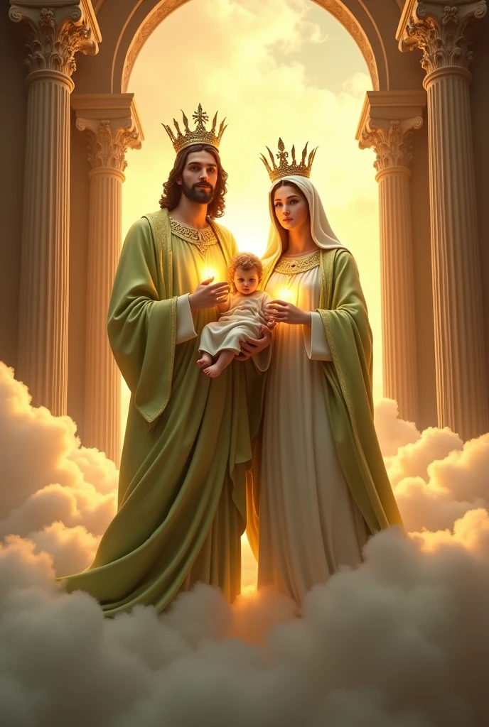 (photorealism:1.2), handsome Jesus Christ and virgin Mary carrying handsome baby Jesus, perfect real images, wearing the lime color of palace clothes and crown with light in their head and their heart spreading all over in the church, perfect Jesus Christ, perfect virgin Mary, perfect baby Jesus, real Jesus Christ, real virgin Mary, real baby Jesus, perfect five hands, perfect foot,perfect smiling face, elegant, soft lighting, many clouds, stand straight, realistic, intricate details, warm colors, by Earl Cornelio Necor