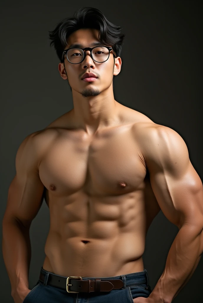 best quality, masterpiece, 8K, HD, masculine, 30 year-old korean gentleman, muscular, nerdy look, glasses, shirtless, big bulge, golden ratio, sexy, god rays, sharp focus, perfection, no watermark,wearing no underwear, sexy, Masculine and handsome, muscular, Beautiful muscles, hairy body,Full body sweat, lewd face, firm chest, sexual, provocative, lustful, accessories include a luxury wristwatch, casual cufflinks and a simple but elegant leather belt, looking at the viewer, muscle veins, lightly tanned skin, drooling, slimy, sticking out tongue, wanting to show off chest