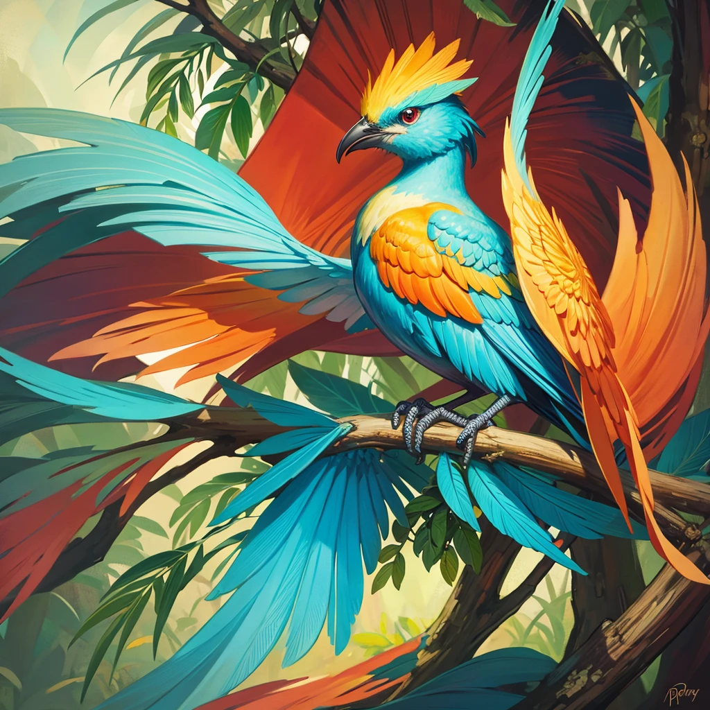 a painting of a colorful bird on a branch, an airbrush painting by Penny Patricia Poppycock, cgsociety, fantasy art, detailed painting, whimsical, rococo