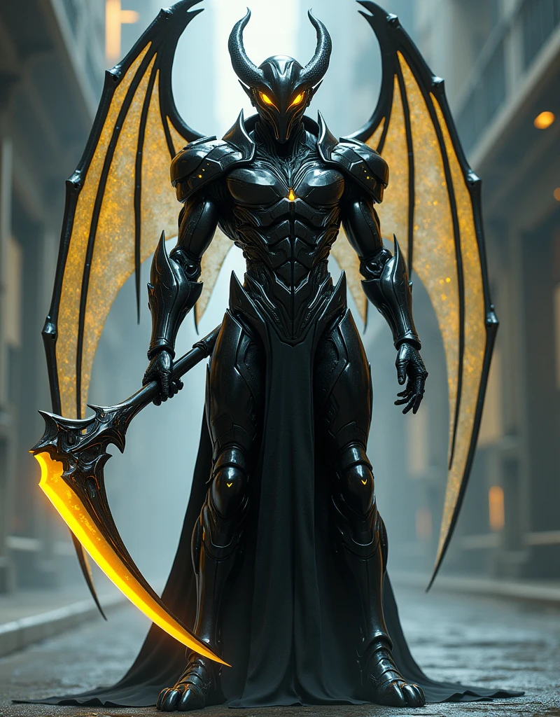 Create an image of an alien warrior in a futuristic, glossy black bodyform armor, complete with a sleek helmet featuring glowing yellow thin visor and large glowing horns. The armor is intricately designed with advanced technology and includes ethereal transparent glowing bat wings. The alien warrior stands in a powerful pose, holding a reaper scythe with glowing yellow blade in both hands, exuding strength and mystique, against a backdrop of a high-tech, otherworldly scene.