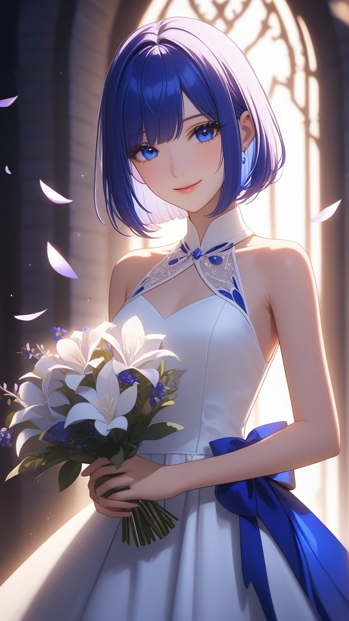 (solo girl:1.3)、(slender:1.3)、(shiny hair)、(straight hair),(ultramarine hair:1.1)、(bobcut:1.3)、(covering one eye:1.2)、(Small breasts:1.0)、(ultramarine eyes:1.1)、(irisless eyes:1.0)、half-closed eyes,Hold the bouquet and hand it to the viewer、White Gothic Dress、happy smile,closed mouth,cinematic lighting,Petals fluttering about、cowboy shot,