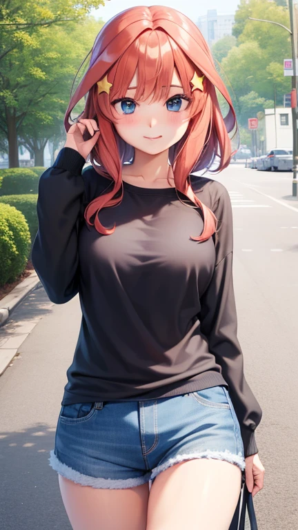 赤い髪と青い目をしたAnime Girls、（Huge Tits）, Loose T-shirt,No underwear, The shirt has less fabric,  (hot pants:1.2),魅力的なAnime Girls, Anime Girls con pelo largo, 美しいAnime Girls, かわいいAnime Girls, Anime Girls, かわいいAnime Girls, 最高のAnime Girls, Moe anime art style, Cute girl visual anime, 肖像画のAnime Girls, Anime Girls, 魅惑的なAnime Girls, (Anime Girls), 若いAnime Girls、Yellow star hair ornament、The frizzy hair on the top of the head