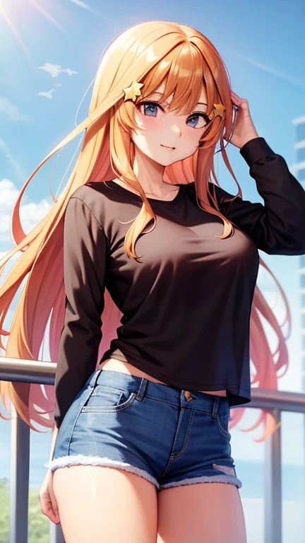 赤い髪と青い目をしたAnime Girls、(Huge Tits), Loose T-shirt,No underwear, The shirt has less fabric, (hot pants:1.2),魅力的なAnime Girls, Anime Girls con pelo largo, 美しいAnime Girls, かわいいAnime Girls, Anime Girls, かわいいAnime Girls, 最高のAnime Girls, Moe anime art style, Cute girl visual anime, 肖像画のAnime Girls, Anime Girls, 魅惑的なAnime Girls, (Anime Girls), 若いAnime Girls、Yellow star hair ornament、The frizzy hair on the top of the head