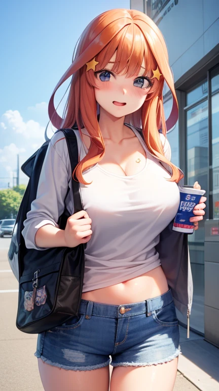 赤い髪と青い目をしたAnime Girls、（Huge Tits）, Loose T-shirt,No underwear, The shirt has less fabric,  (hot pants:1.2),魅力的なAnime Girls, Anime Girls con pelo largo, 美しいAnime Girls, かわいいAnime Girls, Anime Girls, かわいいAnime Girls, 最高のAnime Girls, Moe anime art style, Cute girl visual anime, 肖像画のAnime Girls, Anime Girls, 魅惑的なAnime Girls, (Anime Girls), 若いAnime Girls、Yellow star hair ornament、The frizzy hair on the top of the head