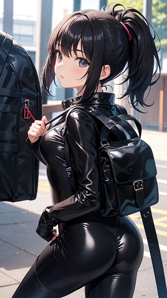 A 17-year-old female wearing a black shiny PVC catsuit and a black shiny Japanese elementary school backpack