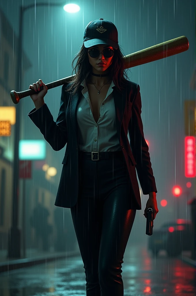 A killer girl,Baseball bat on shoulder,Wearing sunglasses and baseball cap,Wearing a suit,Standing on the street,night,It's raining