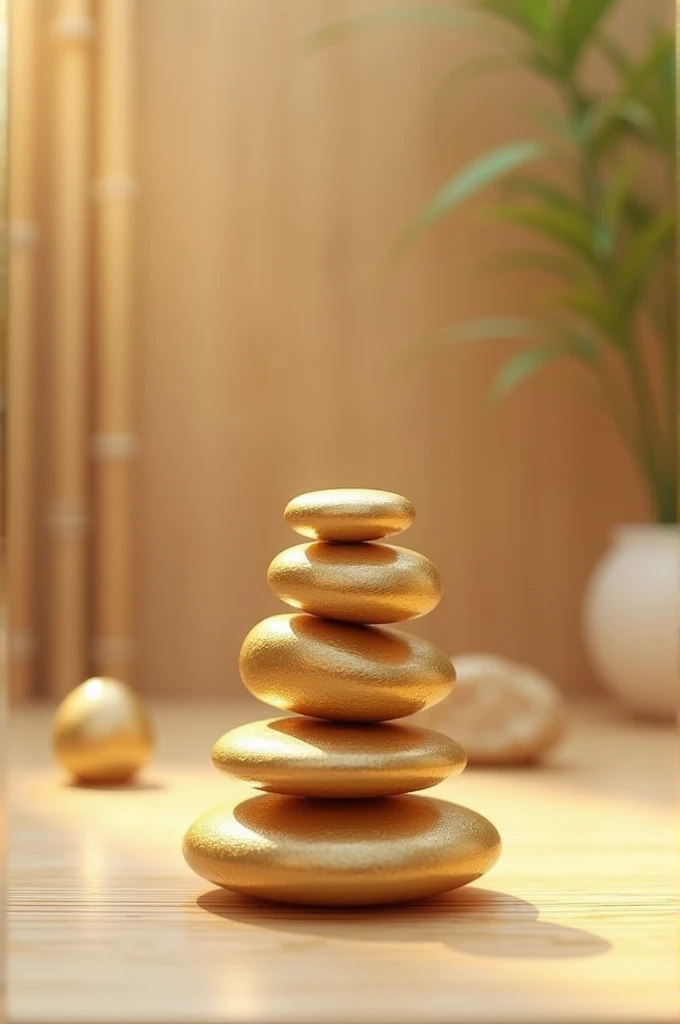 Golden balance stones on light wood and bamboo background