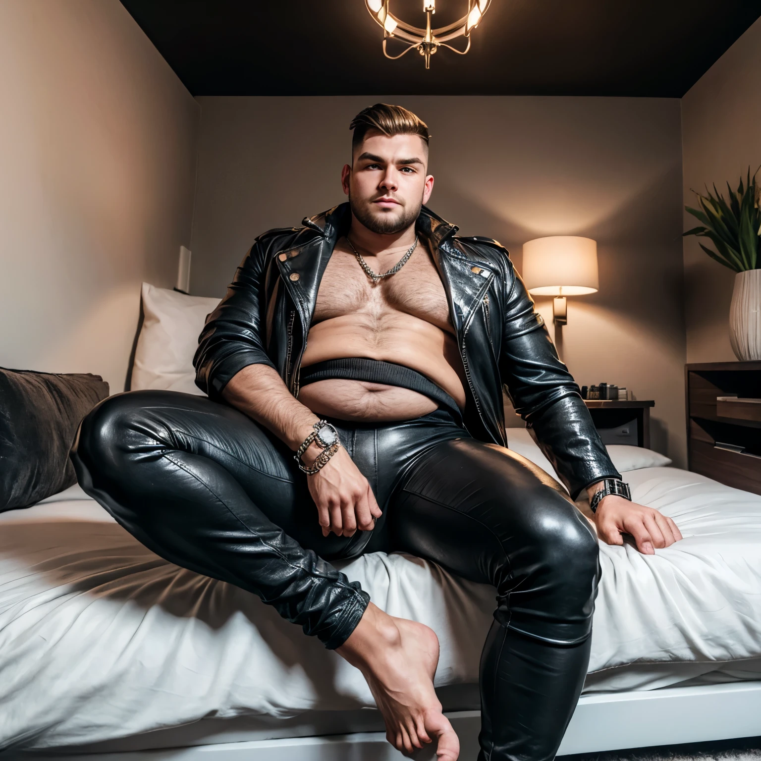 full view one chubby fat young white european guy with brown undercut haircut, wearing black leather biker jacket , black leather pants, silver metalic socks, No Shoes, dozens of silver chunky chains, bracelets, dozens of big silver rings, many massive 'D&G' silver watches, silver metalic nails, resting in his socks on his bed in a luxurious modern stylist bedroom,  he's listening music, soft lightening