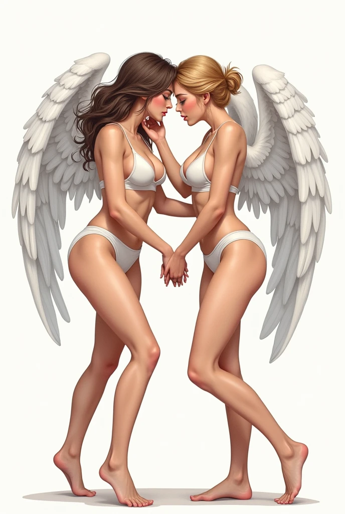 Please draw a male and female angel who throw away their dignity, take off their clothes, throw away their underwear, and desperately beg for their lives.