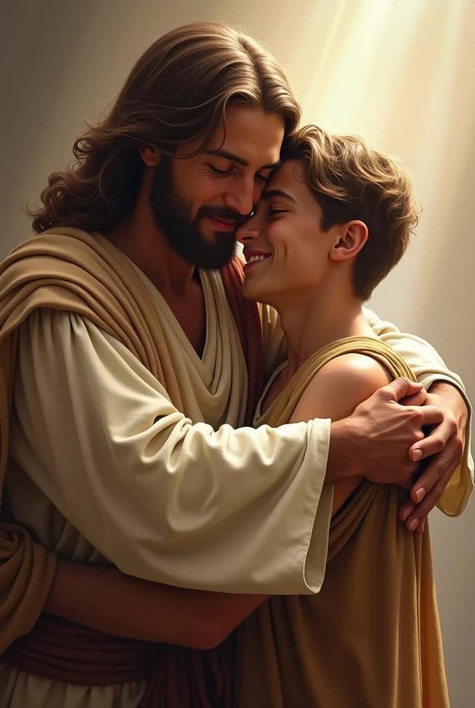 Jesus hugs kindly young man realistic 