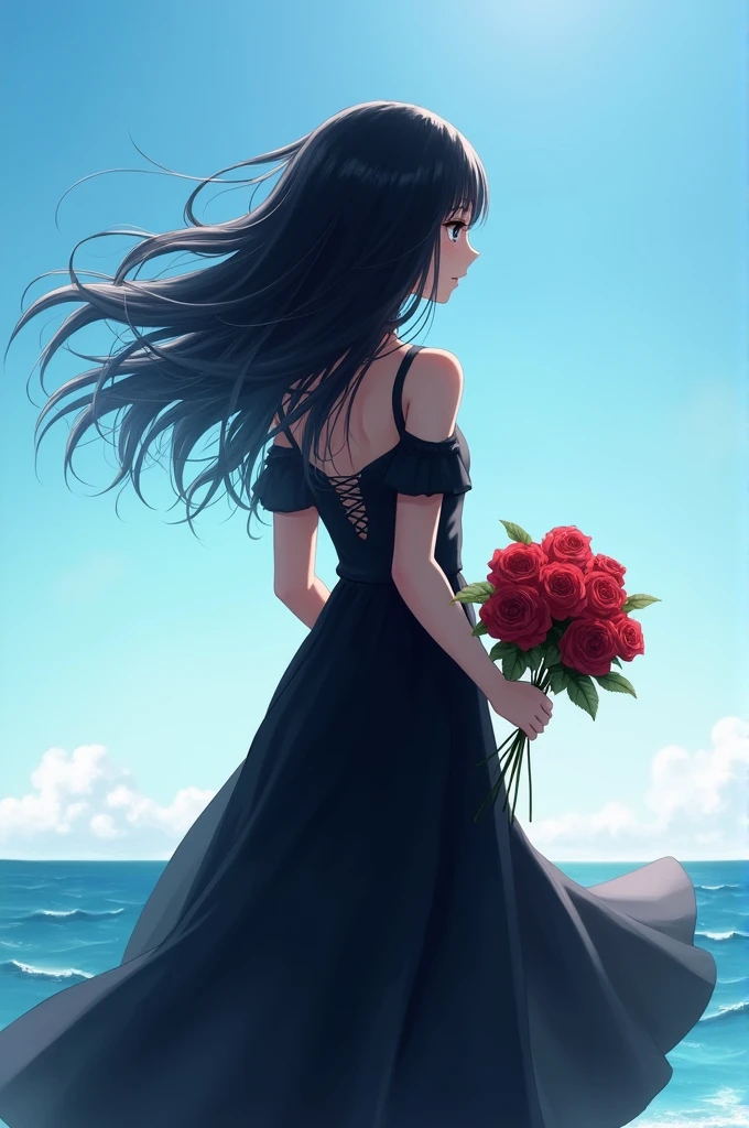 A photo of a anime girl from behind , open black haired girl, hair flying in the wind , standing infornt of ocean or beach , girl waering black coloured long dress , holding roses
