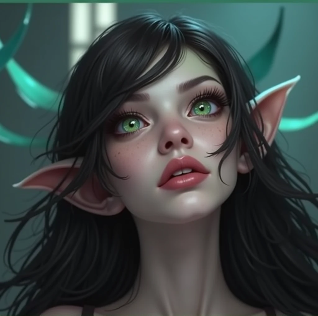 A sexy goblin with green skin, long pointy ears, perfect long hair, beautiful detailed eyes, beautiful detailed lips, extremely detailed face, longeyelashes, intricate fantasy character, detailed fantasy illustration, cinematic lighting, dramatic shadows, vibrant colors, digital painting, concept art, 8k, ultra-detailed, photorealistic