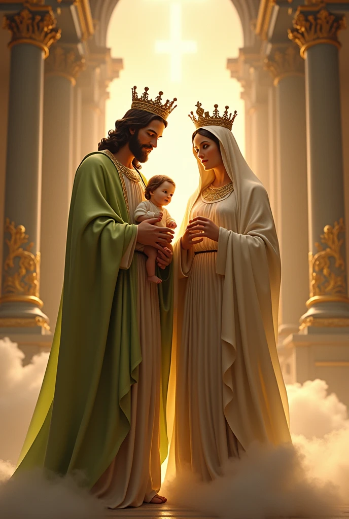 (photorealism:1.2), handsome Jesus Christ and virgin Mary carrying handsome baby Jesus, perfect real images, wearing the lime color of palace clothes and crown with  light in their head and their heart spreading all over in the church, perfect Jesus Christ, perfect virgin Mary, perfect baby Jesus, real Jesus Christ, real virgin Mary, real baby Jesus, perfect five hands, perfect  foot,perfect smiling face, elegant, soft lighting, many clouds, stand straight, realistic, intricate details, warm colors, by Earl Cornelio Necor