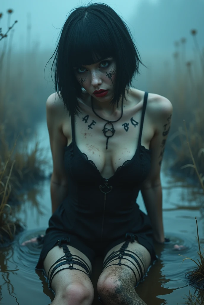 alt woman, short tight black dress, detailed black muddy stockings with garters, stuck in mud bog,pale ethnic patterns ritual makeup, cold, red lips, sexy posing, bob haircut, blue fog, posing, dynamic, sexy despair