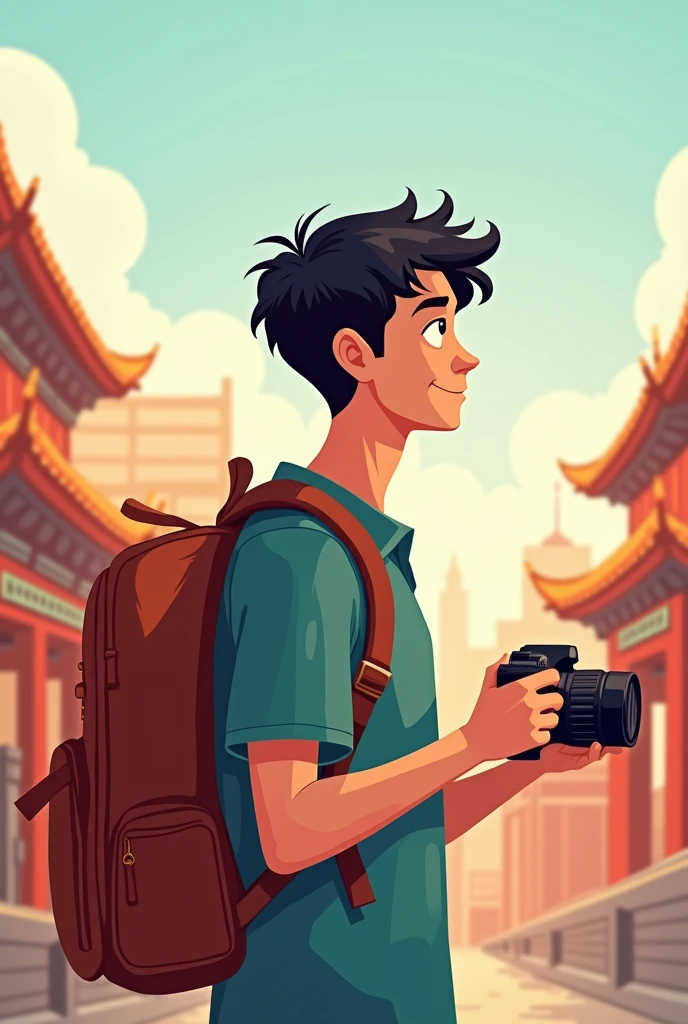 Profile of a young man traveling in China, cartoon, holding a camera