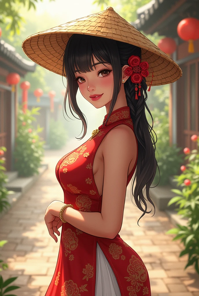 sexy Vietnamese woman in traditional cloth ao tai and straw hat in anime style