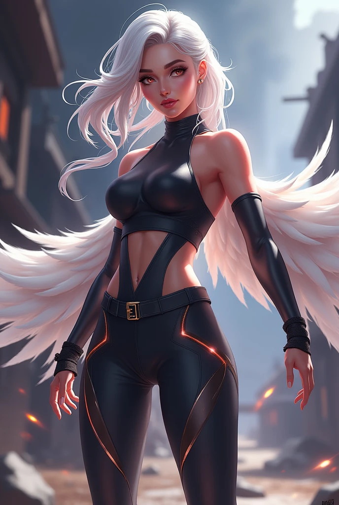 Create a female avatar for free fire using the following clothes Dawn Evolution hair Turtleneck essential paste top Shiny angelic pants Fierce heist slippers