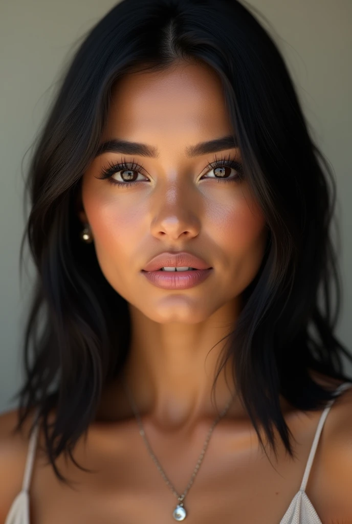 a beautiful young Moroccan woman, slightly tanned, 21 ans, with a square, straight, mid-length, black hair,peau parfaite , beaux yeux noirs en amande, delicate and symmetrical nose,bulging lips, sourcils noirs droit , Height 170 cm, poids 75kg, realistic, (best quality,4K,8k,high resolution,head of&#39;artwork:1.2),ultra detailed,(realistic,photorealistic,photo-realistic:1.37),HDR,HD,studio lighting,sharpness,physical rendering,extremely detailed description,professionnel,Couleurs vives,bokeh,portrait