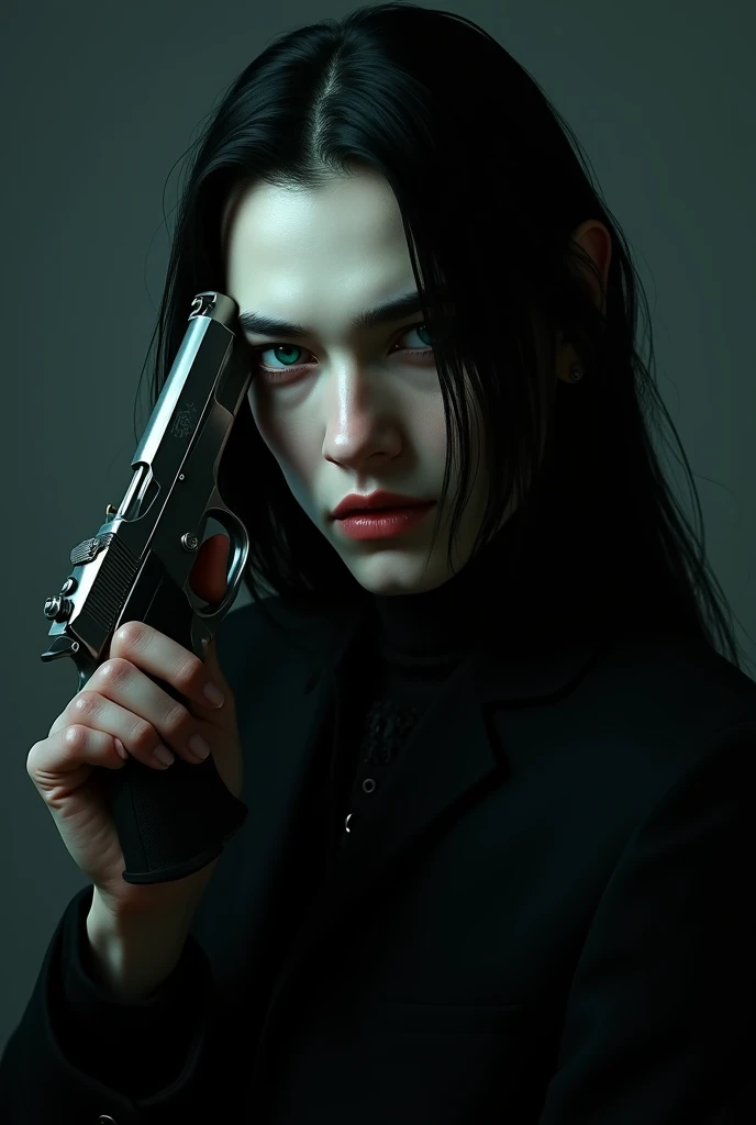 A pretty male with long black hair and teal eyes, dressed entirely in gothic black clothes. His skin is white and pale like a vampire. He holding a gun to his head.