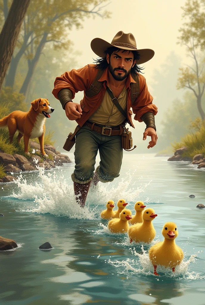 As they crossed the river, Cow Boy saw a family of ducks struggling to stay together. Without thinking twice, he jumped back into the water and helped guide the little ducklings to their mother.
Image Prompt:
"Illustration of Cow Boy wading into the river, guiding a line of fluffy ducklings toward their mother, who is waiting on the riverbank. Rusty watches excitedly from the shore. Cow Boy looks focused and brave, splashing water around him."