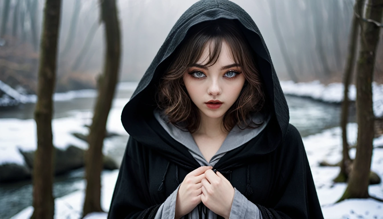 ((masterpiece, Fantasy,Only the left eye is closed,Black paint on eyelids and cheeks, Beautiful girl, Wizard,Winter clothes)), Brown hair with wavy ends,short hair,Pale skin, Heavy black hooded cloak, dark緑のワンピース,assassin, Robe over grey clothes, forest, Small River, fog,Thin lips,Looking down, dark, night