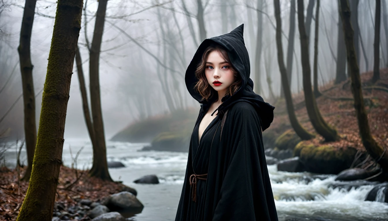((masterpiece, Fantasy,Only the left eye is closed,Black paint on eyelids and cheeks, Beautiful girl, Wizard,Winter clothes)), Brown hair with wavy ends,short hair,Pale skin, Heavy black hooded cloak, dark緑のワンピース,assassin, Robe over grey clothes, forest, Small River, fog,Thin lips,Looking down, dark, night