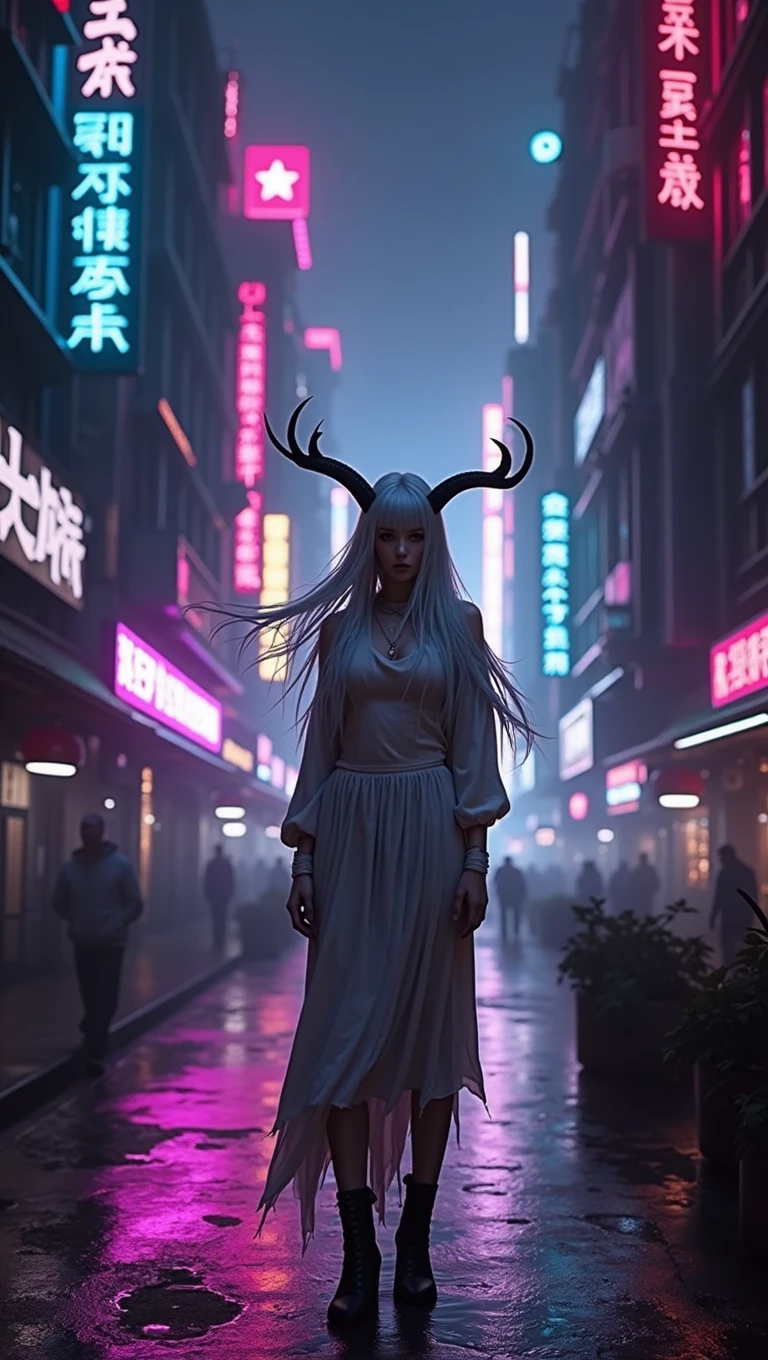 full body photo, woman standing in above the city, women looking at the viewer, facing the viewer, body facing the viewer, body facing front, face visible, body facing camera, long skirt plain outfit, simple outfit, sfw outfit, outfit covers her legs and chest, outfit in black and white, white long hair flowing in the wind, with horns, background is cyberpunk, dystopia, alien city, purple, blue, and pink lights, dark vibes, bloomy, , dispair, final fantasy, post apocalypse