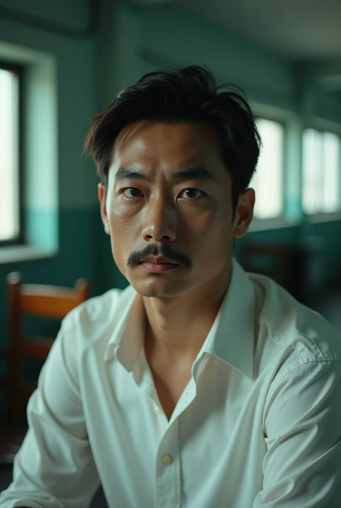 (photorealistic) realistic image of a (Asian male),adult,40 years old ,mustache, (slim build), (dark eyes), wearing a (white shirt), sitting in police station with a (serious face), capturing a (Kodak color film look), featuring a (grainy texture), surrounded by a picturesque (police station) under dramatic light, atmospheric, vivid colors, natural lighting, emotionally charged ambiance