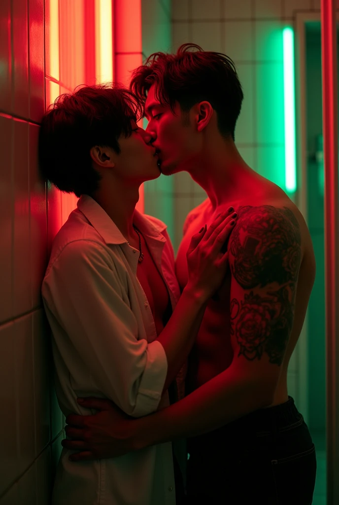 Two asian young man with tattoos are having sex in the dark bathroom. The lights is red and green neon . The first beautiful boy, wearing just a thin blouse and with his lower body exposed, is pressed against the cold bathroom wall, moaning. The second sexy man, who is completely naked, is thrusting into the first guy from behind.