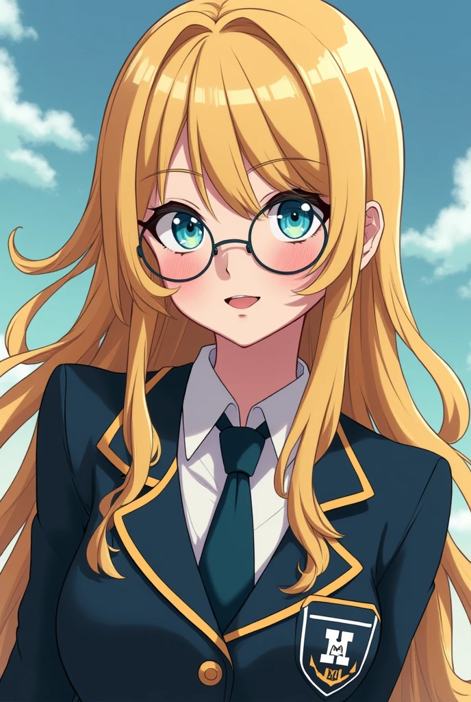 Umas mulher de My Hero academia, blonde, long  hair, Wears round glasses, thin and black, blue colored eyes, U school uniform.a, stressed as hell, individuality: explosive letters, with scars, tall and without a childish face