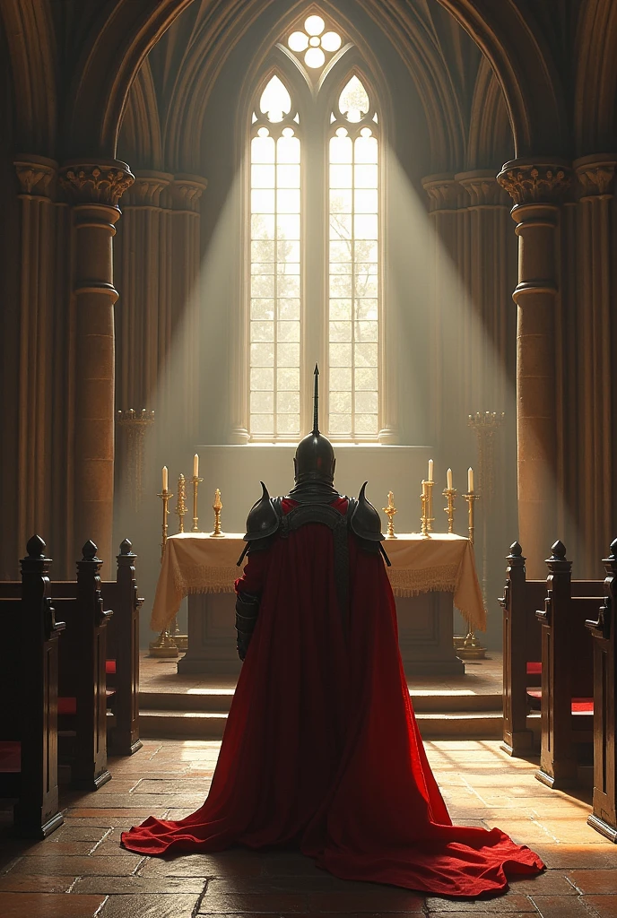Medieval fantasy image of a Templar warrior kneeling before the altar of a cathedral.