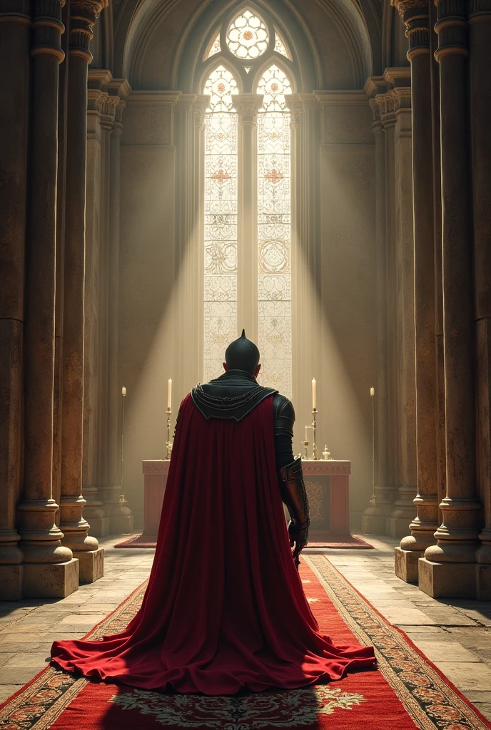 Medieval fantasy image of a Templar warrior kneeling before the altar of a cathedral.