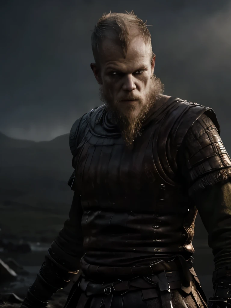 A highly detailed and hyper-realistic depiction of a viking Warrior, Floki, ((skinny Body)), with scars and wrinkles on her face. The character is surrounded by mist, evoking a mysterious and eerie atmosphere. The lighting is dark and atmospheric, with a red smoke adding a touch of sinister ambiance. The image is of the best quality, with a resolution of 4k and HDR enhancement, showcasing the utmost level of detail and realism, sfw