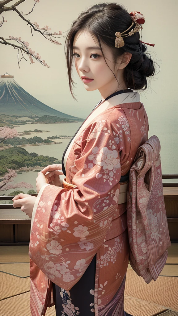 (background:Cherry blossoms on the mountain are covered with mist)((Ukiyo-e))japanese art,or period,tokyo art, lily,Natural landscape.(masseter membrane、top quality、Ukiyo-e style、mystery、Exquisite and beautiful、official art、Sharaku:1.2)、(1 japanese girl in:1.3)、(fractal art:1.3)、cowboy shooting、White skin、(beautiful brunette、kimono:1.2)、With Japanese traditional performing arts as the background、colorful、(reel、Belongs to Japanese style:1.2)、