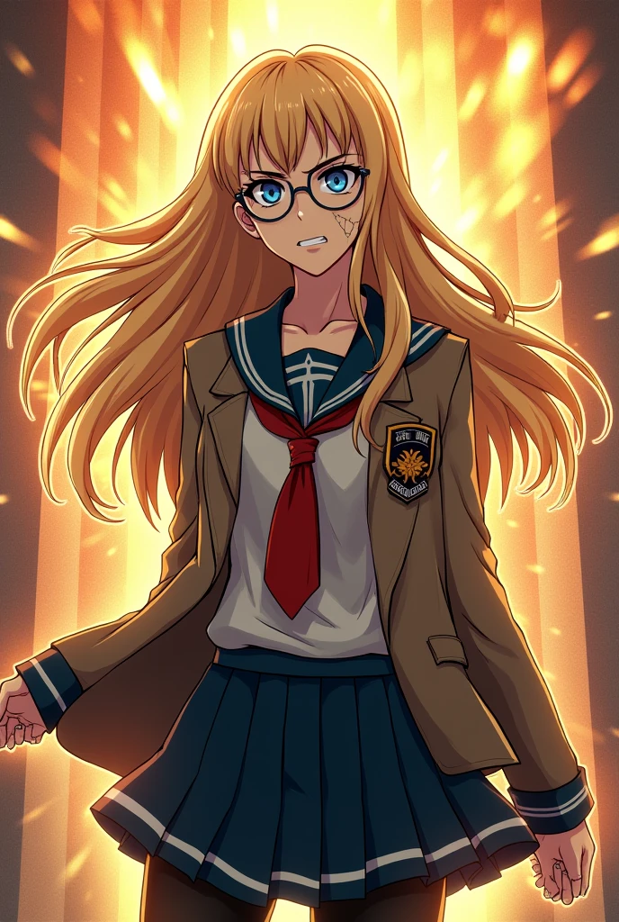 Umas mulher de My Hero academia, blonde, long hair, Wears round glasses, thin and black, blue colored eyes, U school uniform.a, stressed as hell, individuality: explosive letters, with scars, tall and without a childish face