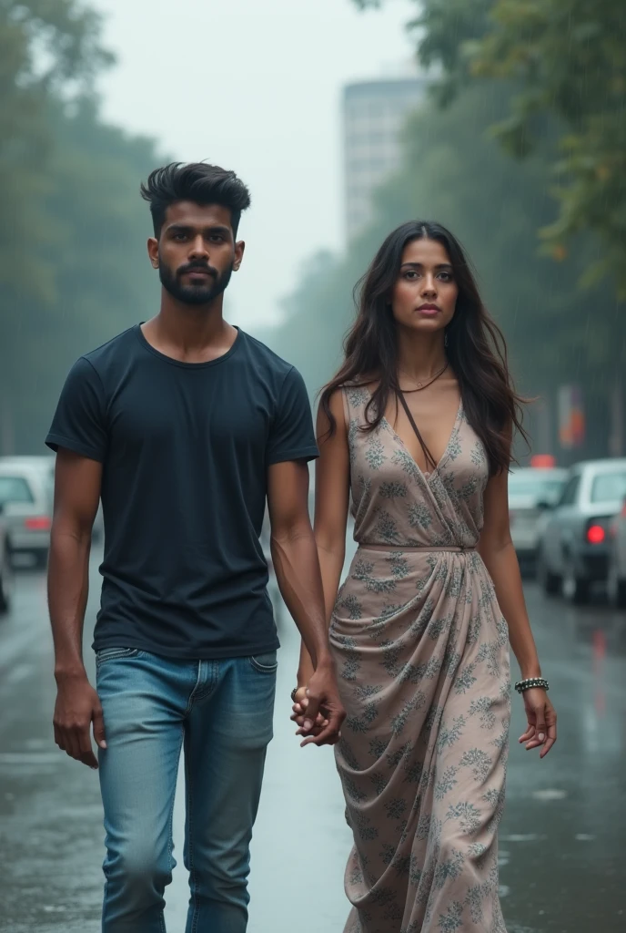 A boy age 27 south India from andhrapradesh wear jeans and t-shirt dusky skin and there was a girl age 25 north India from mumbai looks very modern she wears western dress looks very beautiful and active. Both them are walking on Mumbai streets. Cloudy skies and drizzling.