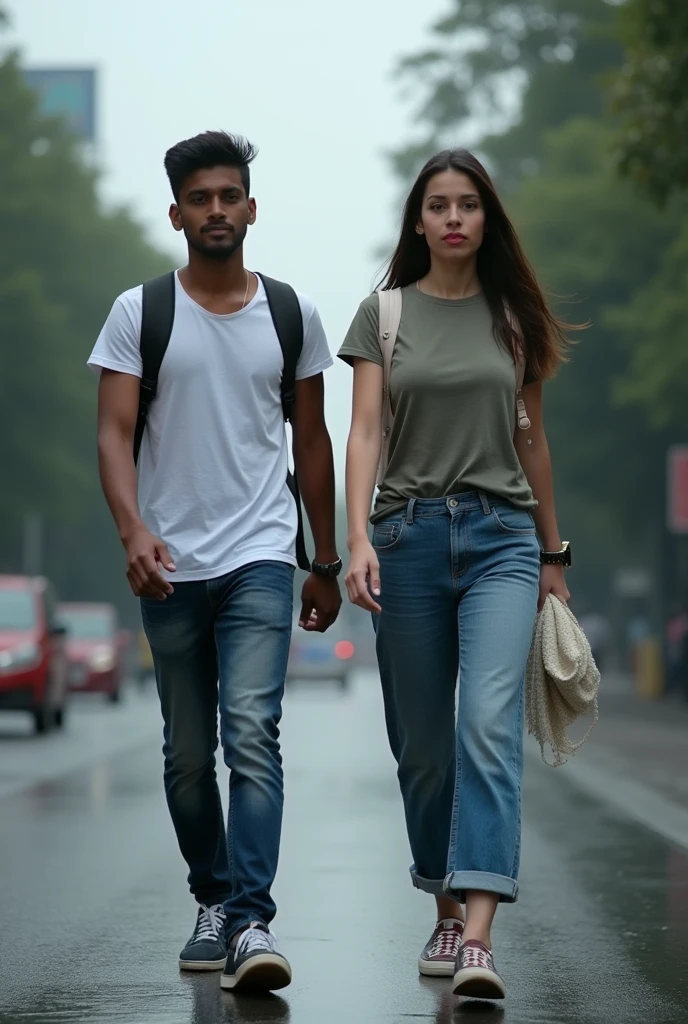 A boy age 27 south India from andhrapradesh wear jeans and t-shirt dusky skin and there was a girl age 25 north India from mumbai looks very modern she wears western dress looks very beautiful and active. Both them are walking on Mumbai streets. Cloudy skies and drizzling.