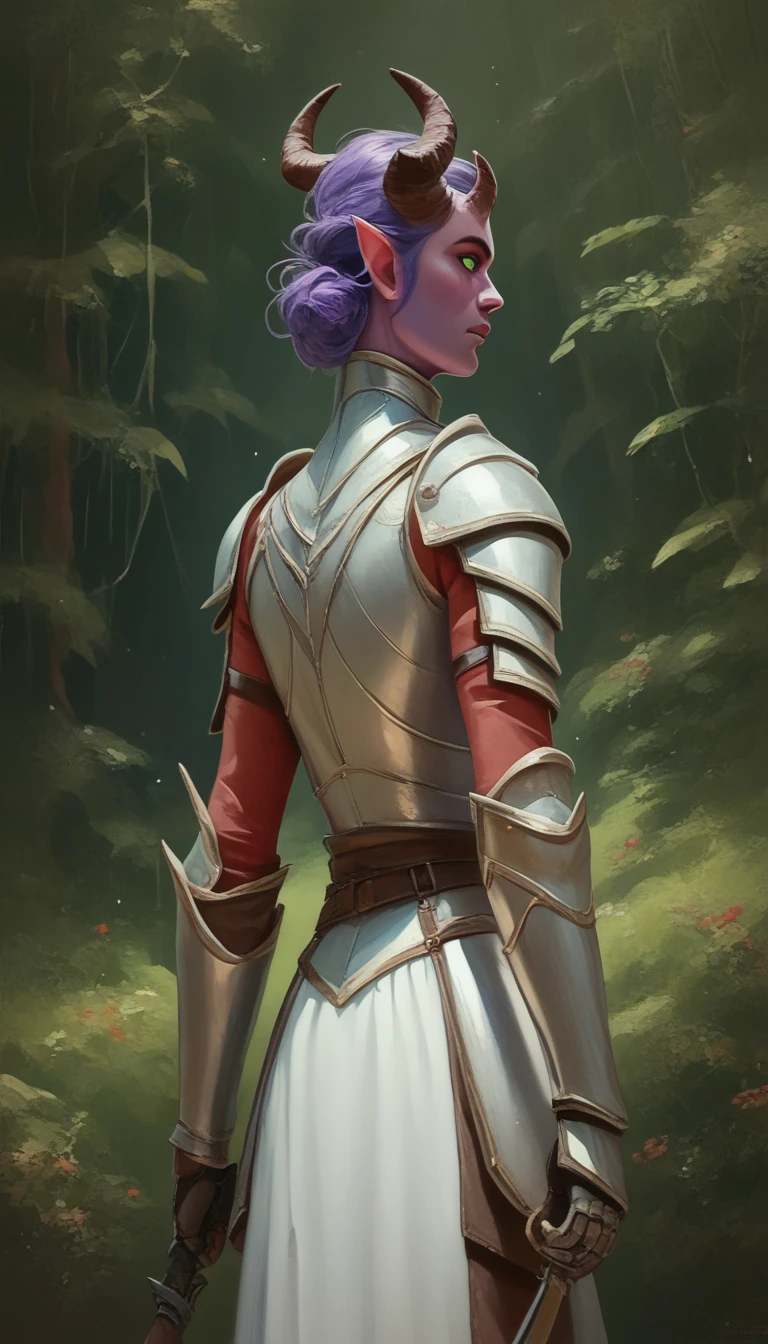 A fat purple-skinned tiefling female,Brown horns,Purple hair,Green eyes,3/4. Body,The background is a forest,Warrior Outfit,Red and white armor