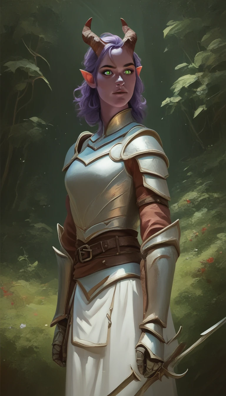 A fat purple-skinned tiefling female，Brown horns，Purple hair，Green eyes，3/4. Body，The background is a forest，Warrior Outfit，Red and white armor