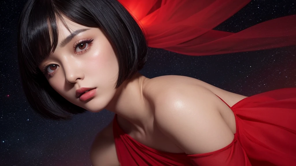 Delicate and dainty young woman with shiny bob-cut black hair . She is wearing bright red. The background is a fantastic and ethereal night sky that seems to be haunted by a specter. Her expression is stern and atmospheric. Angle from directly below. face closeup